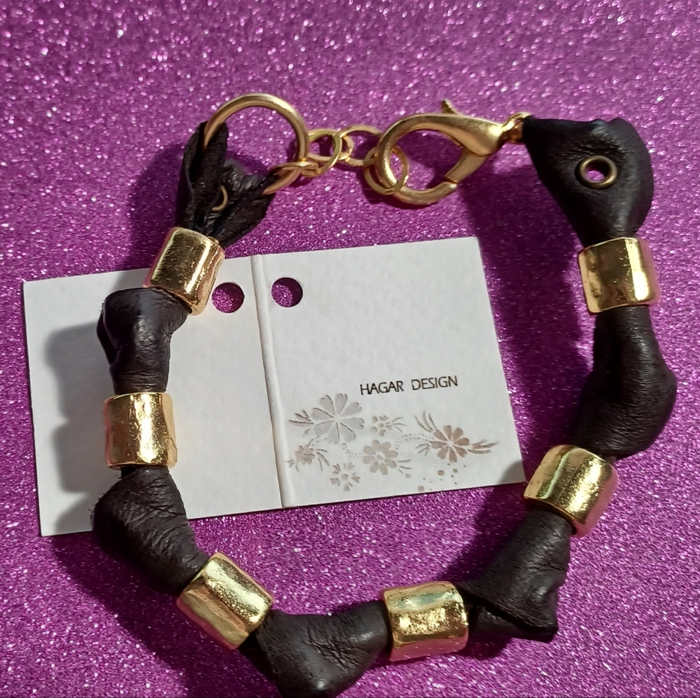 Authentic stunning HAGAR SATAT 14k gold tone and brown leather bracelet
